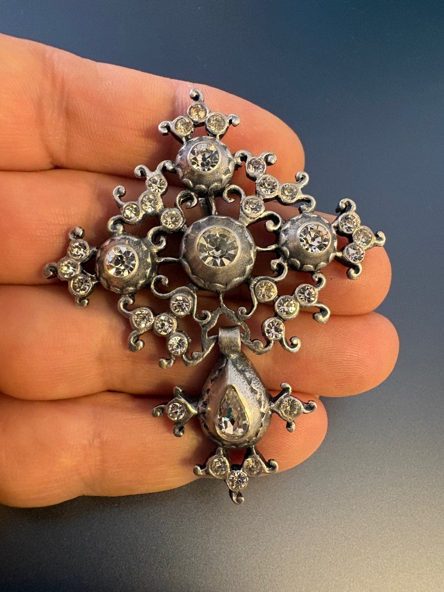 19th Century: Antique Saint-lo Cross (norman Cross) Made Of 800/1000 Silver And Adorned With Gemstones.-photo-3