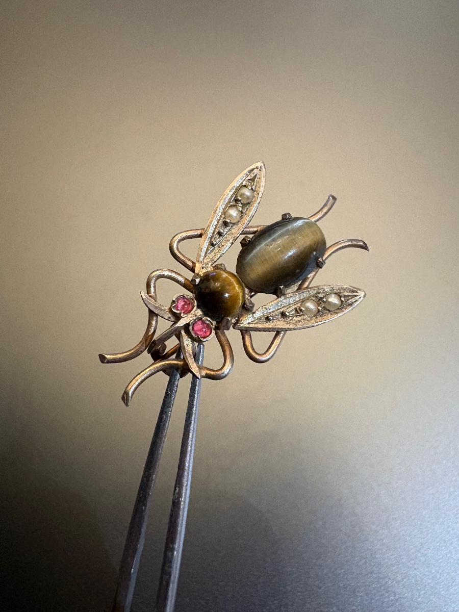 19th Century: Beoche Silver Bee (800/1000), Tiger's Eye Quartz, Pearls, And Red Stones-photo-7