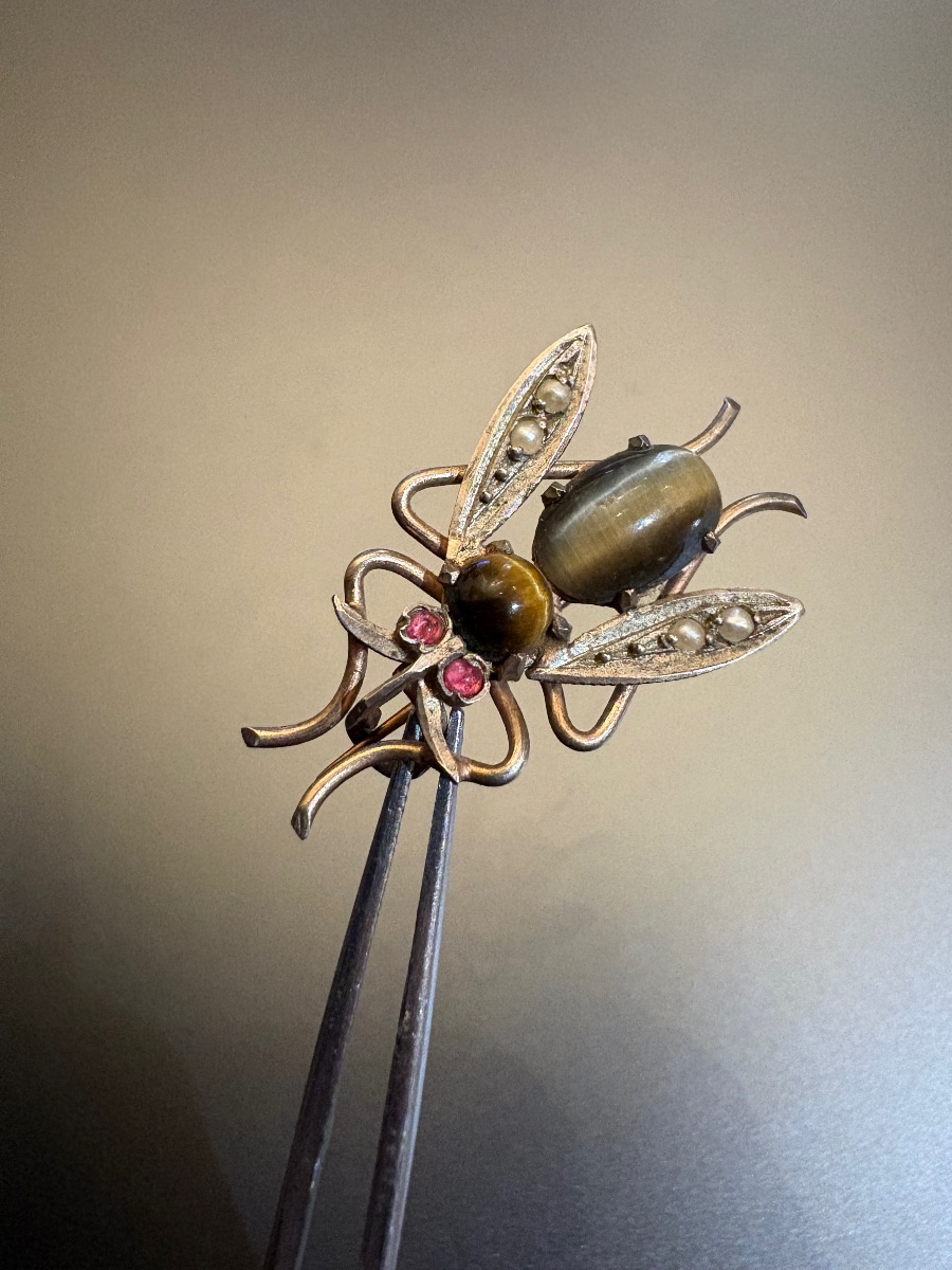 19th Century: Beoche Silver Bee (800/1000), Tiger's Eye Quartz, Pearls, And Red Stones-photo-8