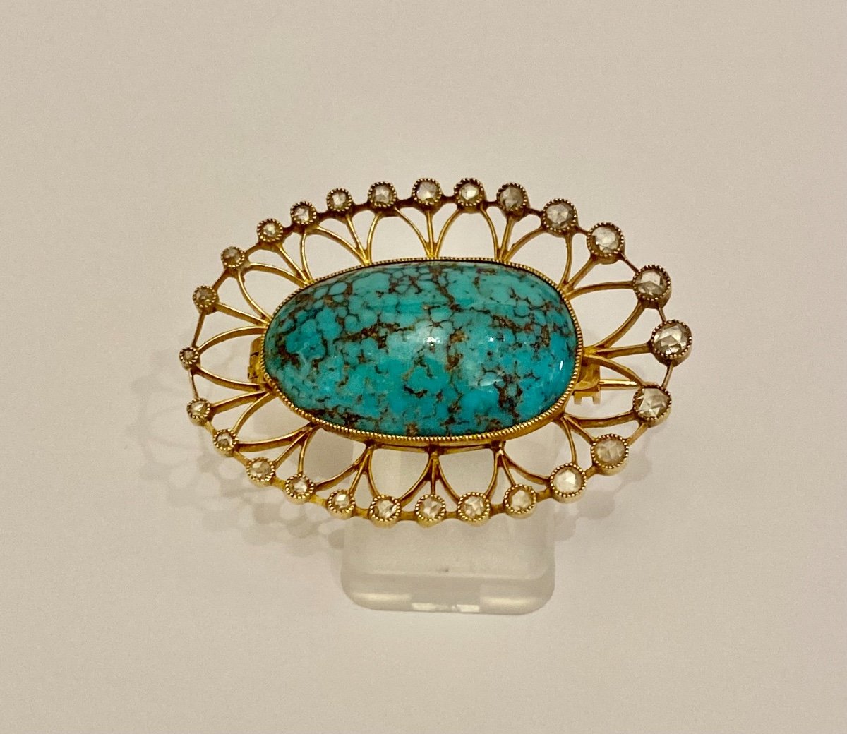 Ancienne Broche Or, Turquoise Et Diamants