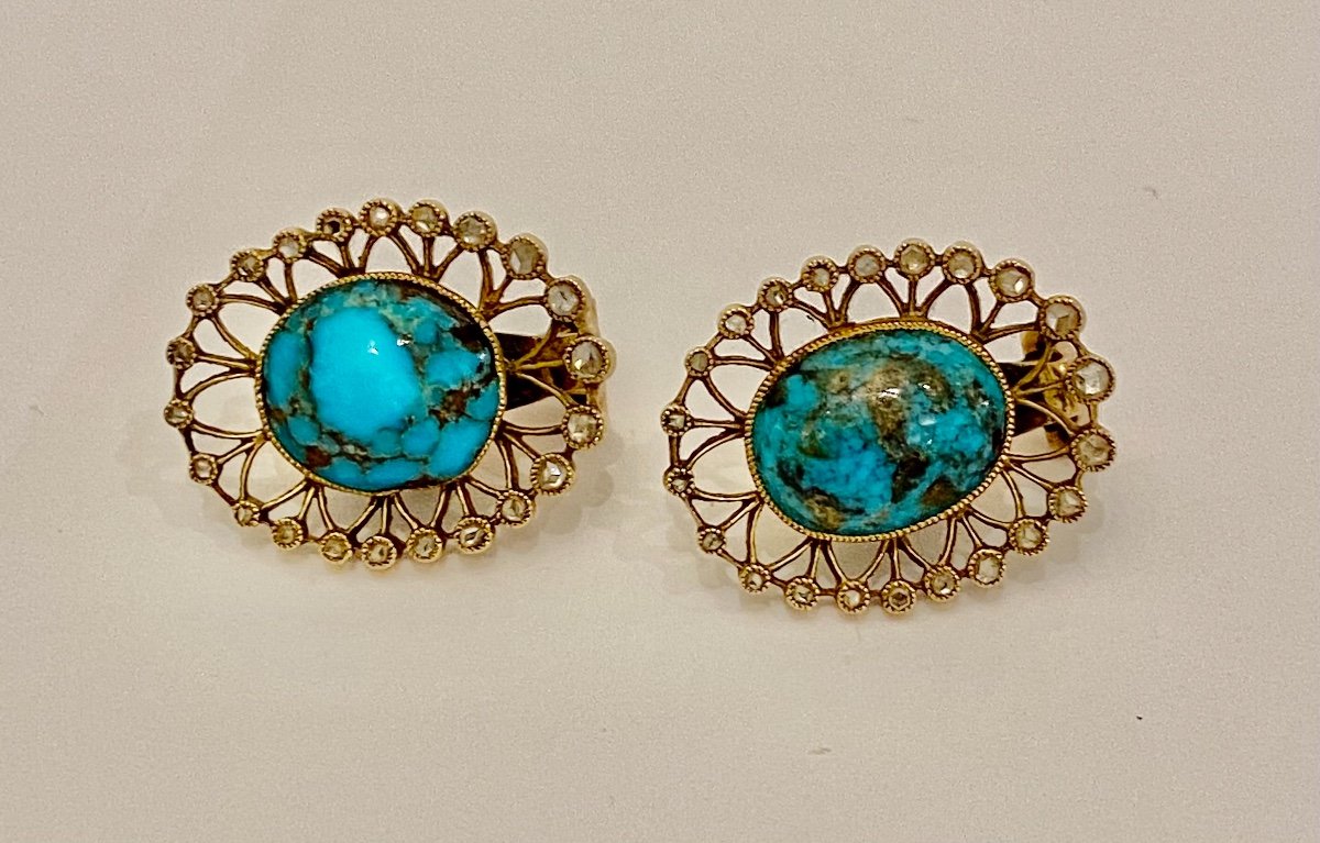 Paire De Boucles d'Oreilles Or, Turquoise Et Diamants-photo-1