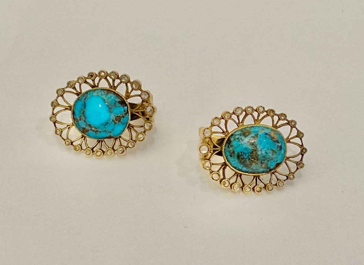 Paire De Boucles d'Oreilles Or, Turquoise Et Diamants