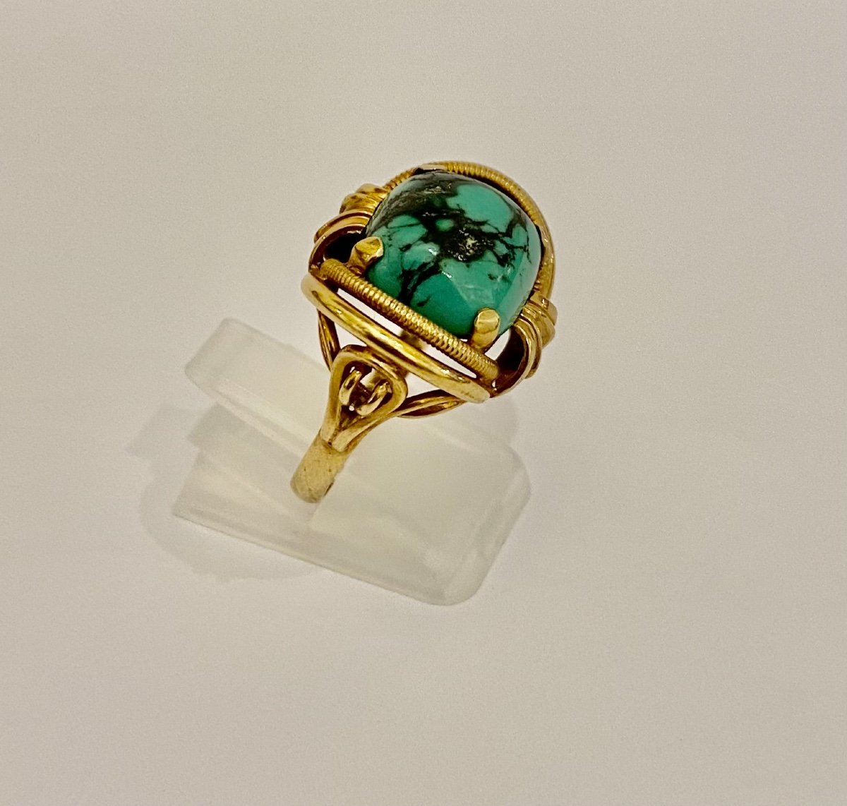 Old 585/1000 Eme Gold Ring And Matrix Turquoise-photo-3