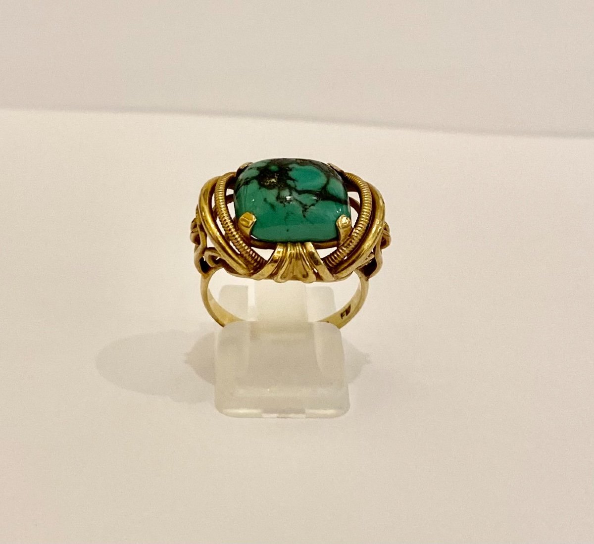 Old 585/1000 Eme Gold Ring And Matrix Turquoise-photo-4