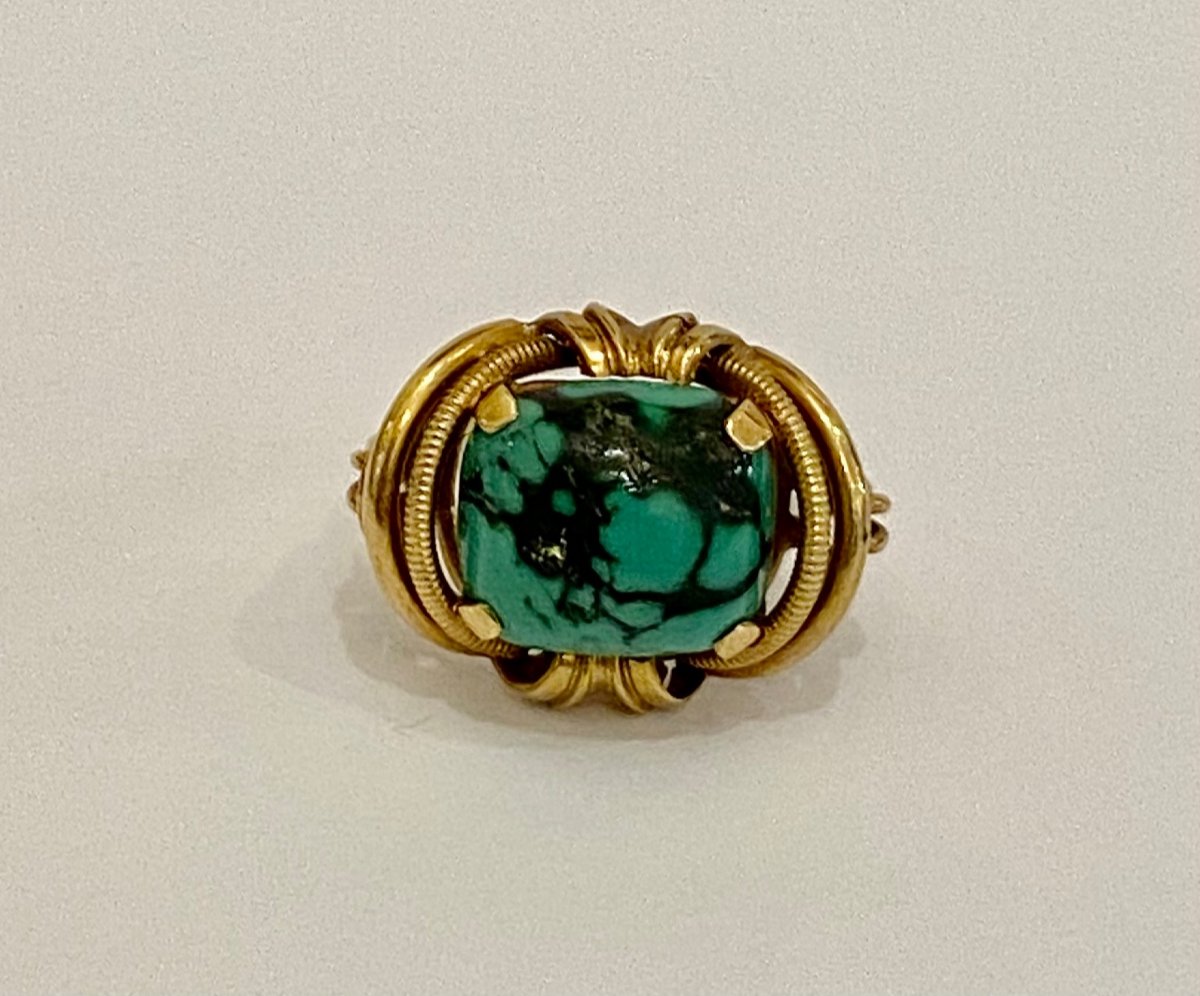 Old 585/1000 Eme Gold Ring And Matrix Turquoise-photo-2