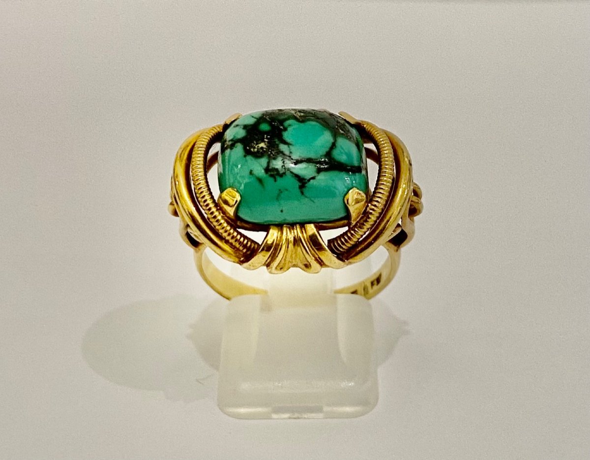 Old 585/1000 Eme Gold Ring And Matrix Turquoise-photo-6