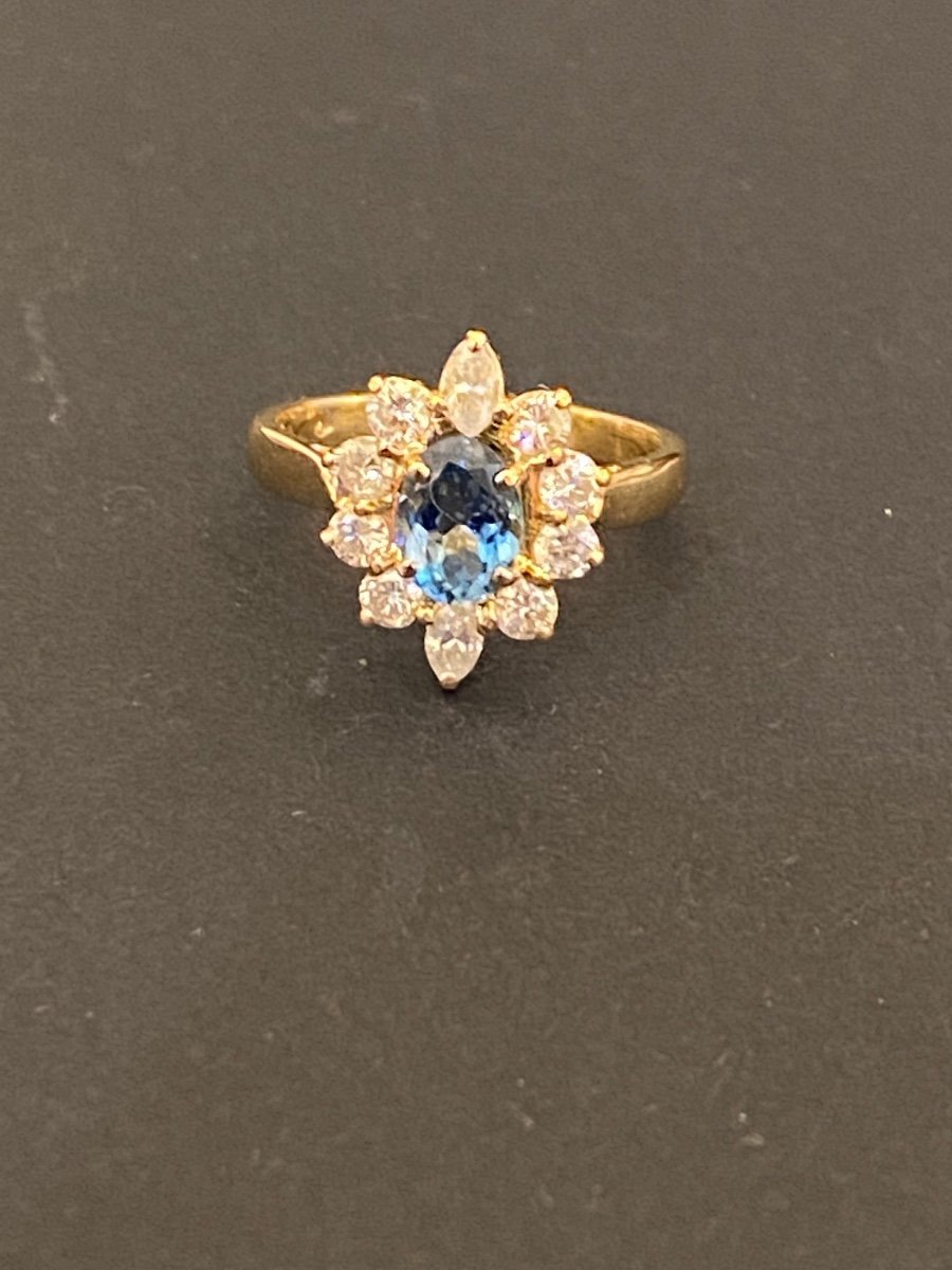 Marine Acute Daisy Ring Surrounded By Diamonds On Gold-photo-6