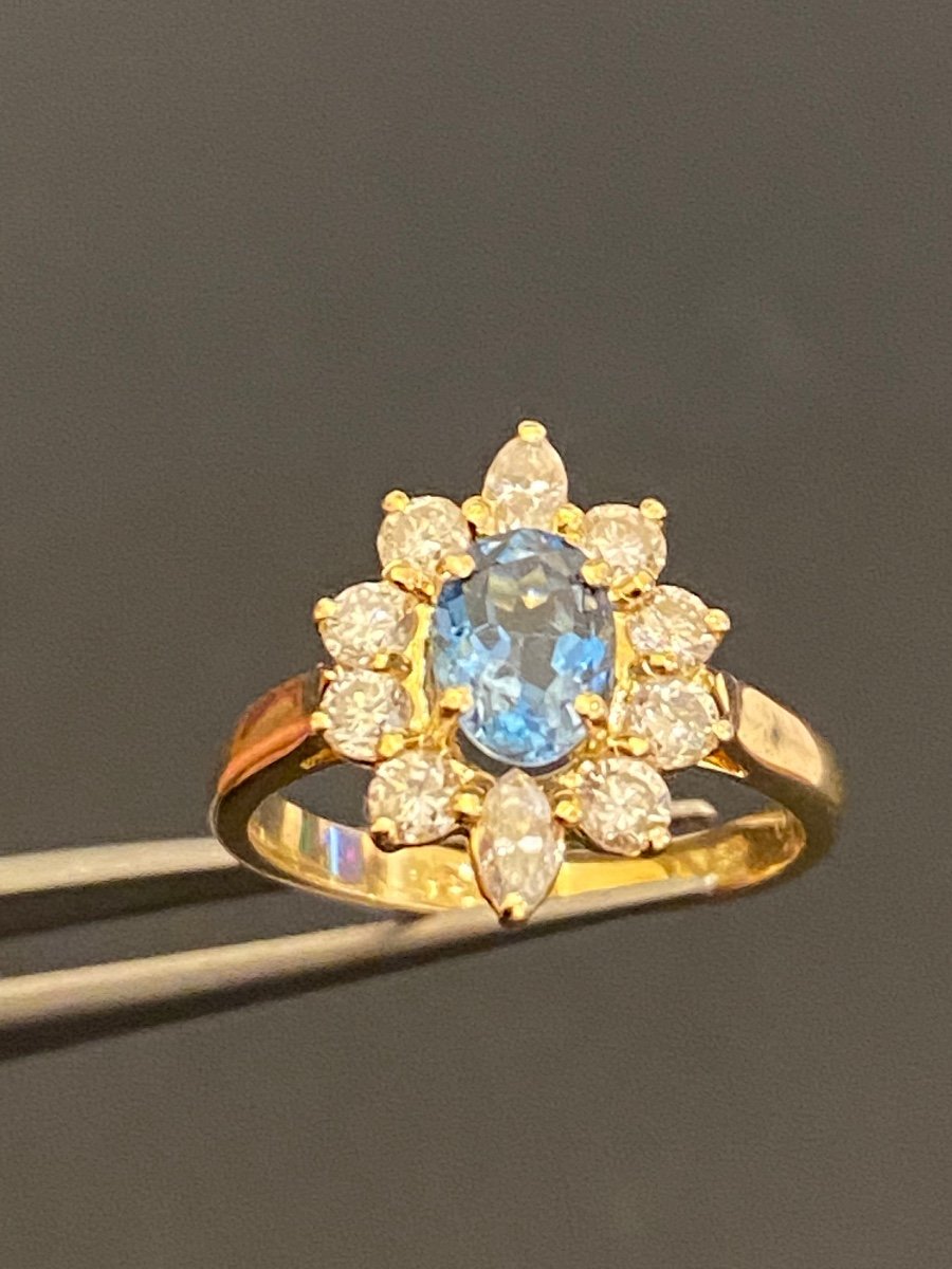 Marine Acute Daisy Ring Surrounded By Diamonds On Gold-photo-8