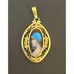 Ancien Pendentif Art Nouveau Or Et Miniature Sur Porcelaine