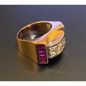 Tank Ring In Gold, Diamonds And Synthetic Rubies 