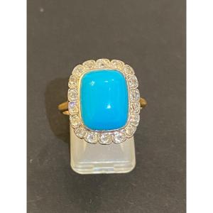 Art Deco Style Ring In Gold, Turquoise And Diamonds