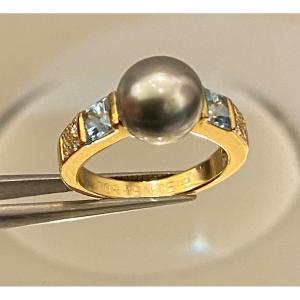 Yellow Gold Ring, Tahitian Pearl, Aquamarine And Diamonds