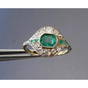 Art Deco Style Ring, Emerald And Diamonds