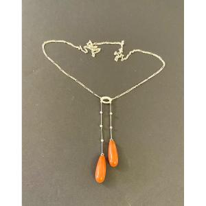 Art Deco Style Negligee Necklace In Gold, Diamonds And Coral