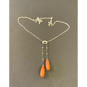 Art Deco Style Negligee Necklace In Gold, Diamonds And Coral