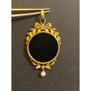 Ancien Pendentif Art Nouveau En Or , Onyx, perle et  Diamants
