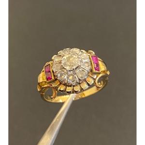 Old Art Deco Style Ring In Gold, Rubies And Diamonds