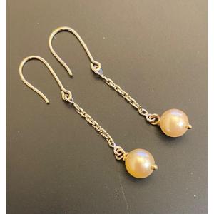 Paire De Pendants d'Oreilles En Or Et Perles De Culture