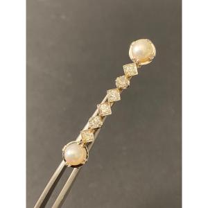 Ancienne Broche Style Art Deco En Or, Platine, Perles  Et  Diamants