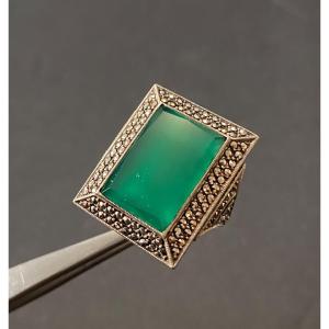 Ancienne Bague Argent, Agate Et Marcassites 