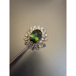 Bague En Or Gris 750/1000 Eme, Tourmaline Et Diamants