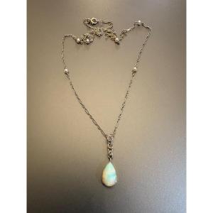 Chain And Pendant In 750/1000 White Gold, Pearls, Opal And Diamonds.