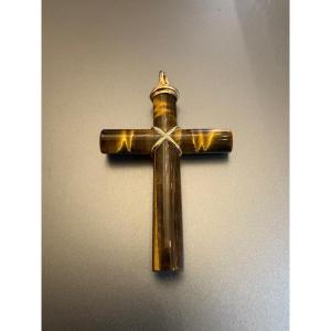 Croix  en or jaune et quartz oeil de tigre