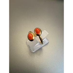 Antique You And Me Ring In Vermeil And Aged Red Coral.