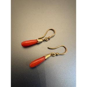 Antique Pair Of Vermeil And Red Coral Pendant Earrings