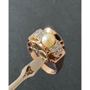 Tank Ring In Gold, Pearl And Diamonds