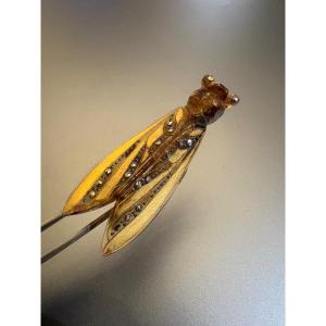 Antique Cicada Brooch In Painted Bakelite, Marcasite And Brass.