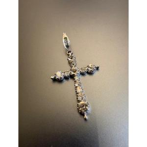 XIX Siècle : Ancienne croix en argent 800/1000 eme et pierres de ring.