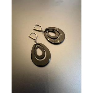 Art Deco: Pair Of 800/1000 Silver Hoop Earrings With Marcasite And Bakelite.