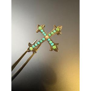 Antique Brooch Made Of 800/1000 Silver, Turquoise, And A Fine Pearl.