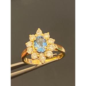 Marine Acute Daisy Ring Surrounded By Diamonds On Gold