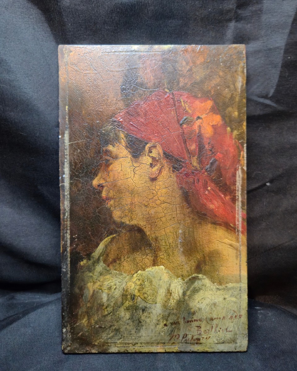 Tableau Italien XIXe - Portrait de femme au foulard rouge