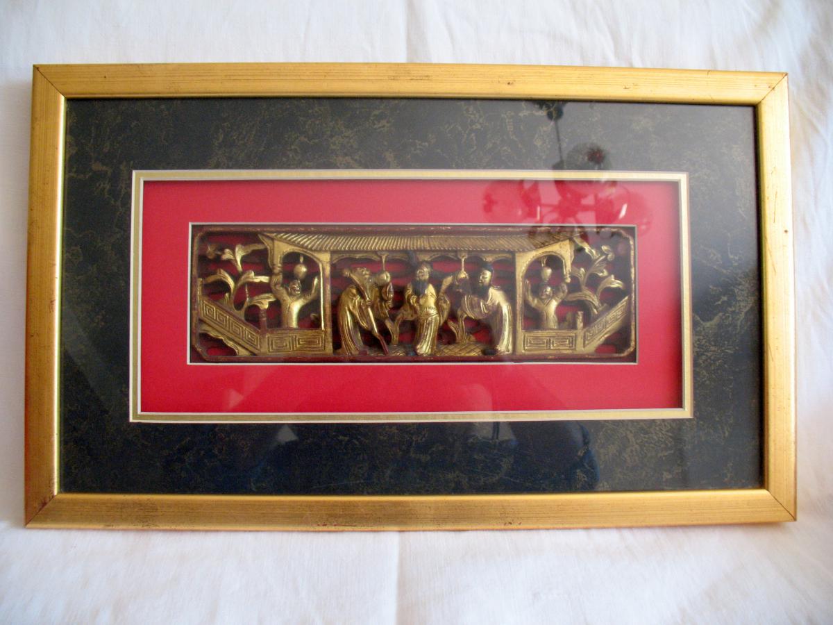 Screen Element From Lettre Framed. Wood Carved And Lacquered. China, XIXth C.