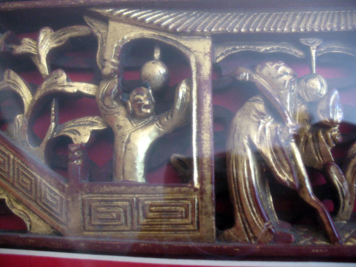 Screen Element From Lettre Framed. Wood Carved And Lacquered. China, XIXth C.-photo-3