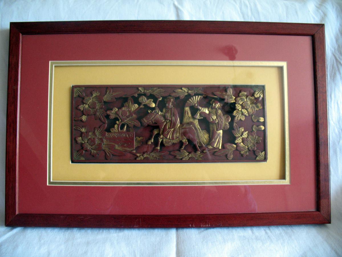 Screen Element From Lettre Framed. Wood Carved And Lacquered. China, XIXth C.