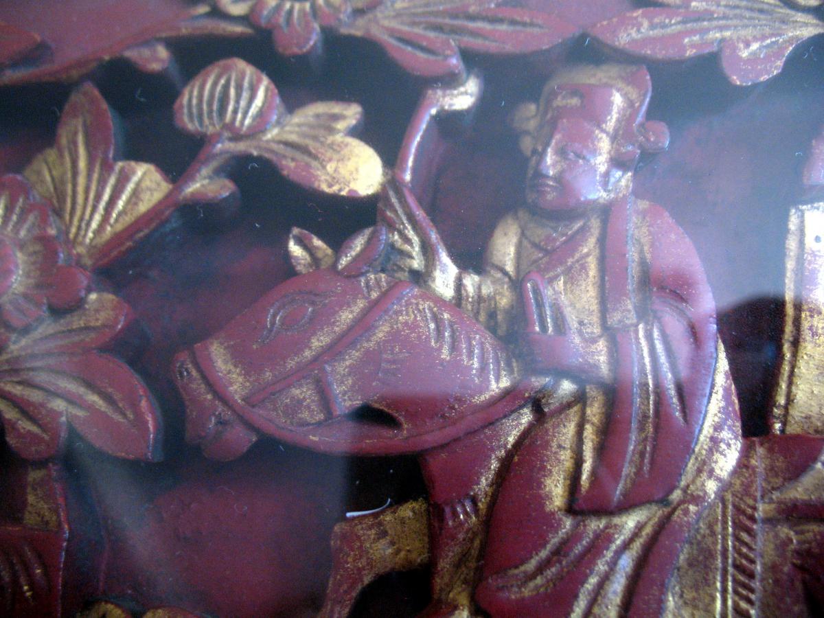 Screen Element From Lettre Framed. Wood Carved And Lacquered. China, XIXth C.-photo-1