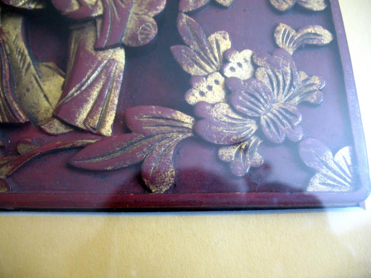 Screen Element From Lettre Framed. Wood Carved And Lacquered. China, XIXth C.-photo-3