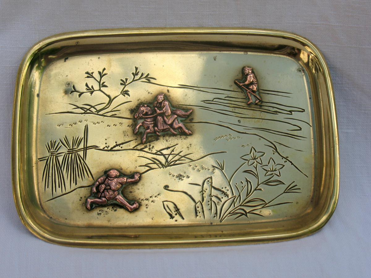 Opium Tray In Brass And Copper Worked. Characters In Relief. Japan, 19th Century