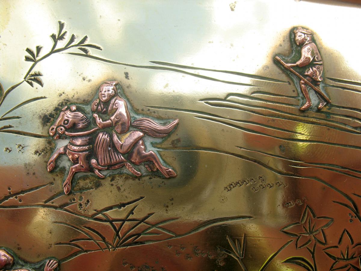 Opium Tray In Brass And Copper Worked. Characters In Relief. Japan, 19th Century-photo-3