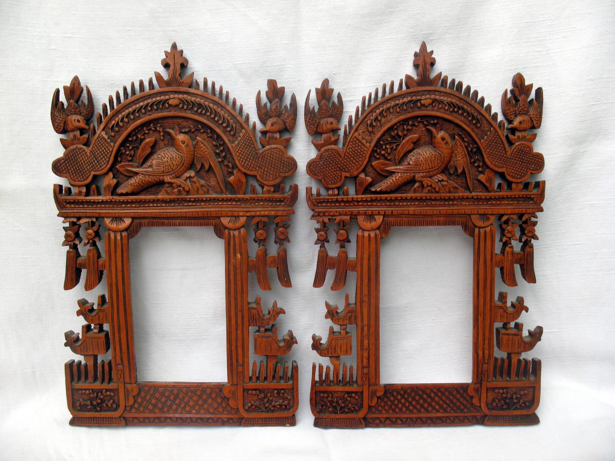 Pair Of Picture Frames Of Sculpted Wood. Decor With Birds. China, Late 19th Century