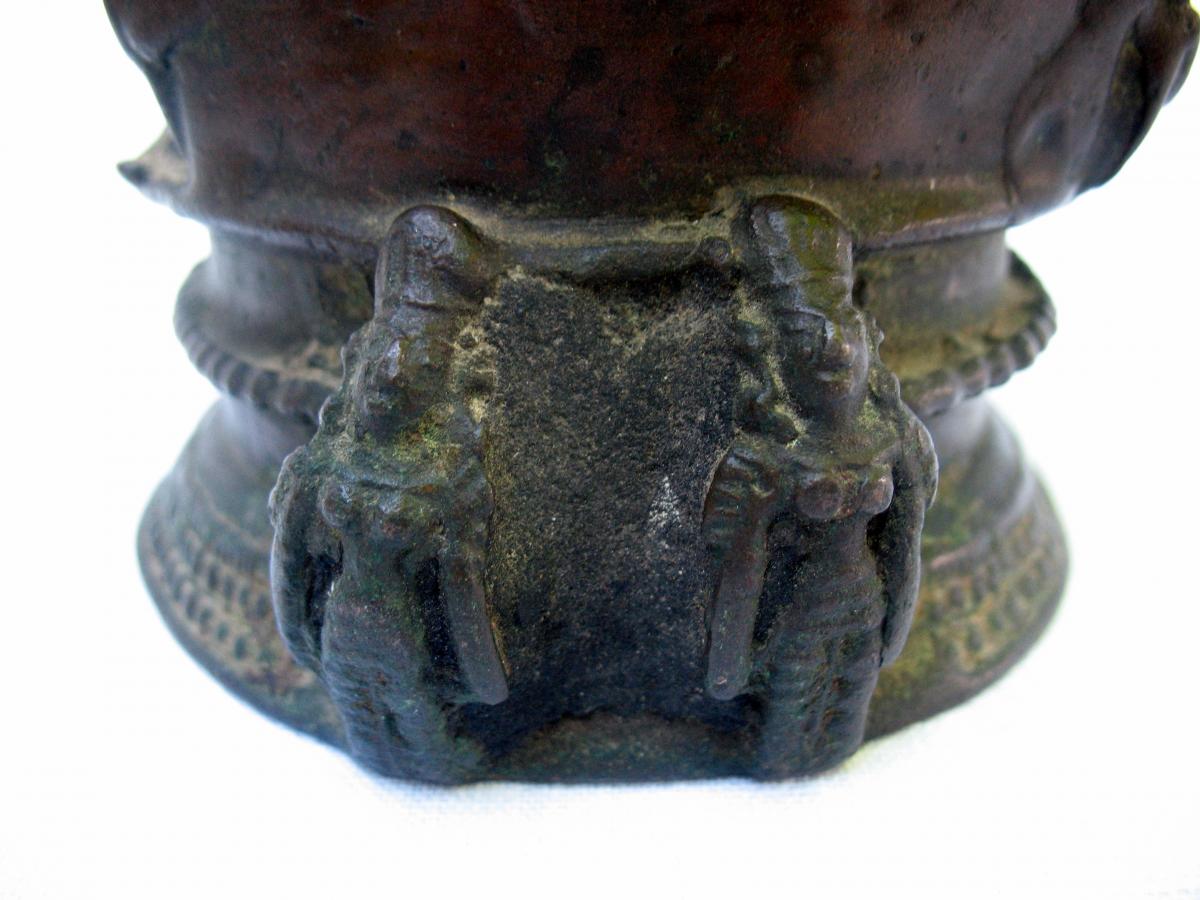 Bronze Oil Lamp Representing The Goddess Gaja Lakshmi. India, 19th Century-photo-4