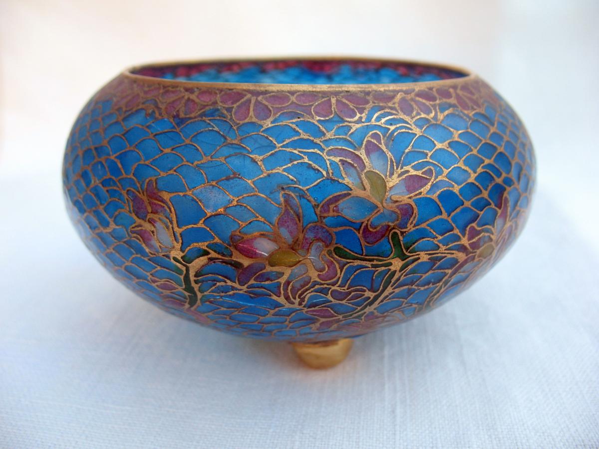 Coupe sur pieds en verre cloisonné façon vitraux. Chine, fin XIXème-photo-2