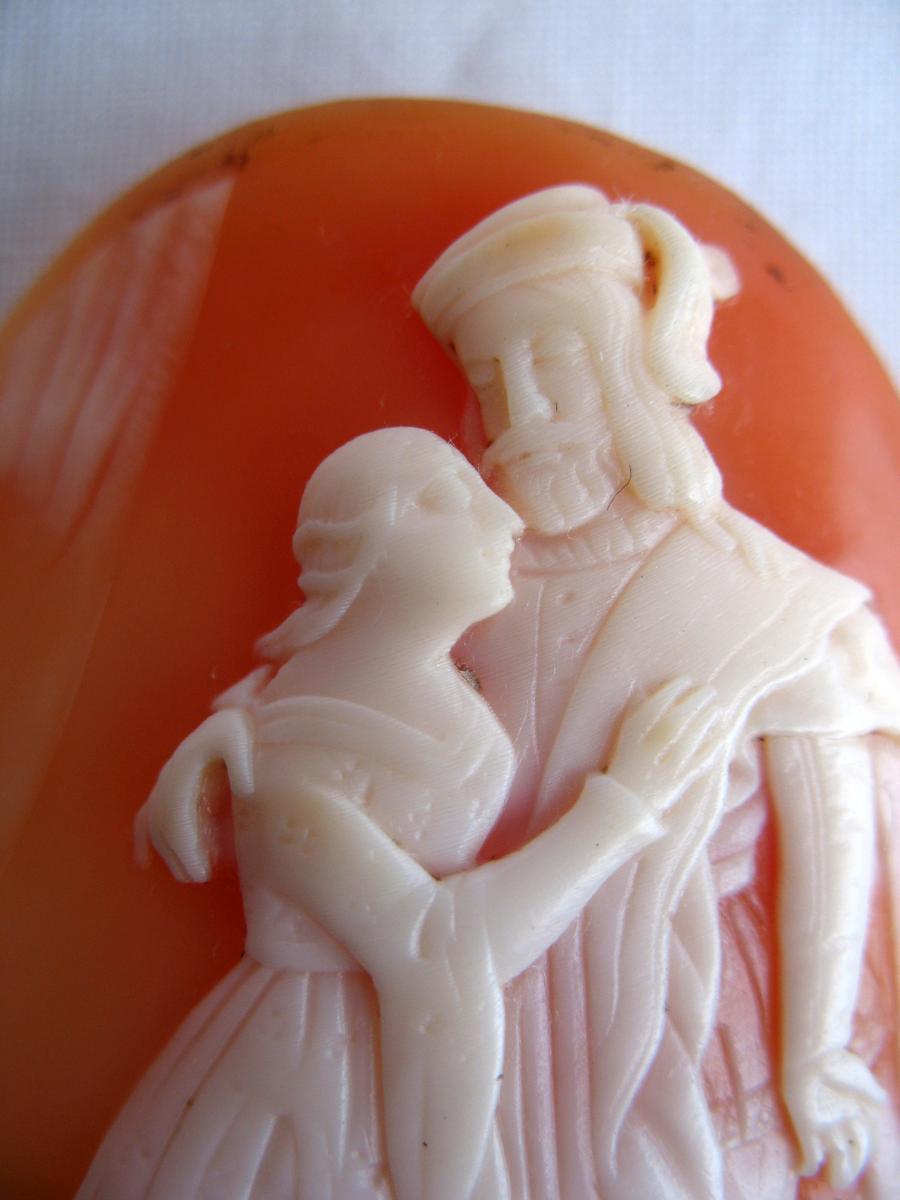 Large Cameo On Seashell Representing A Romantic Scene Of The Renaissance. Late Nineteenth-photo-3