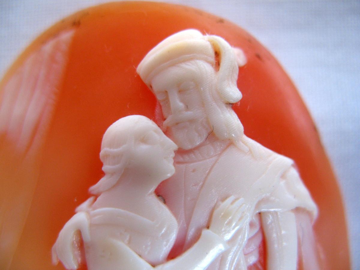 Large Cameo On Seashell Representing A Romantic Scene Of The Renaissance. Late Nineteenth-photo-4