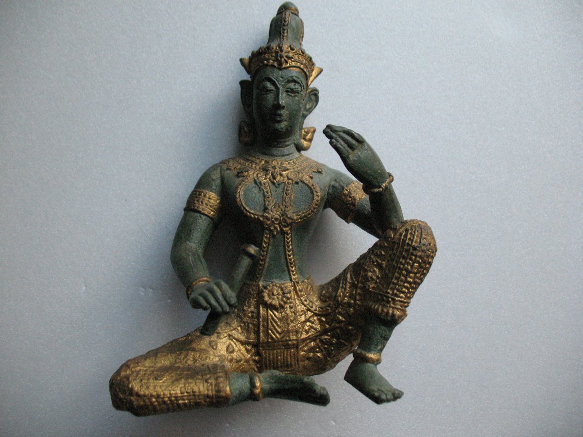 Statue En Bronze Apsara Musicien Debut XXeme
