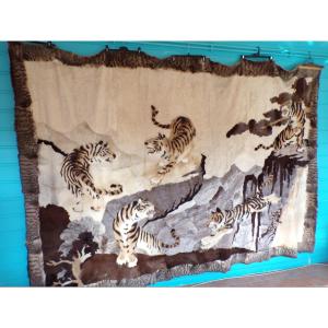 Tapestry (patchwork) In Animal Skin. Asian Landscape With Five Bengal Tigers.